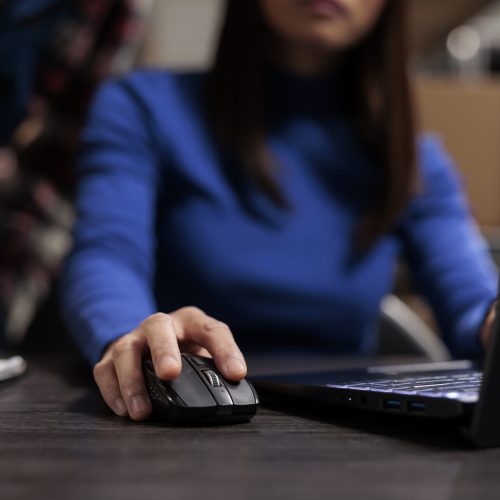 Woman managing parcel delivery on laptop in retail ecommerce warehouse. Logistics manager doing inventory check on laptop while using computer mouse with close up on hand